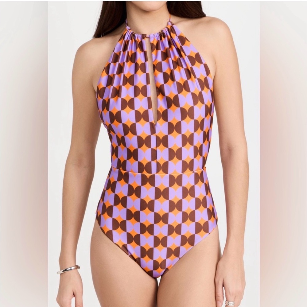 LA DoubleJ Esther Swimsuit. Purple and Orange Geometric One Piece. Lycra.